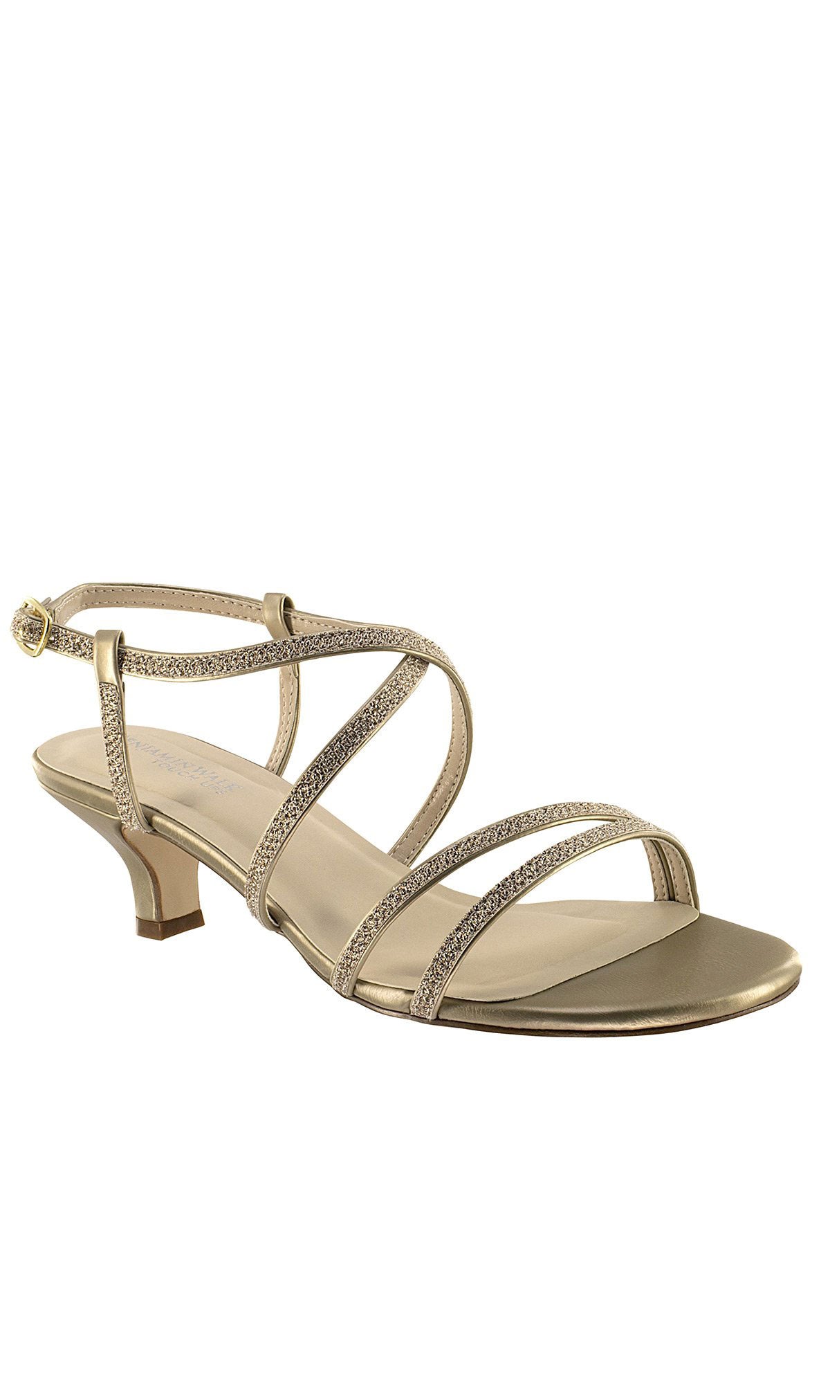 The Open-Toe Maisie Champagne Prom Shoes by Touch Ups 4474 feature glittery strappy details, a low heel, and ankle buckle. Photographed on a white background, these formal shoes shine in elegant champagne gold.
